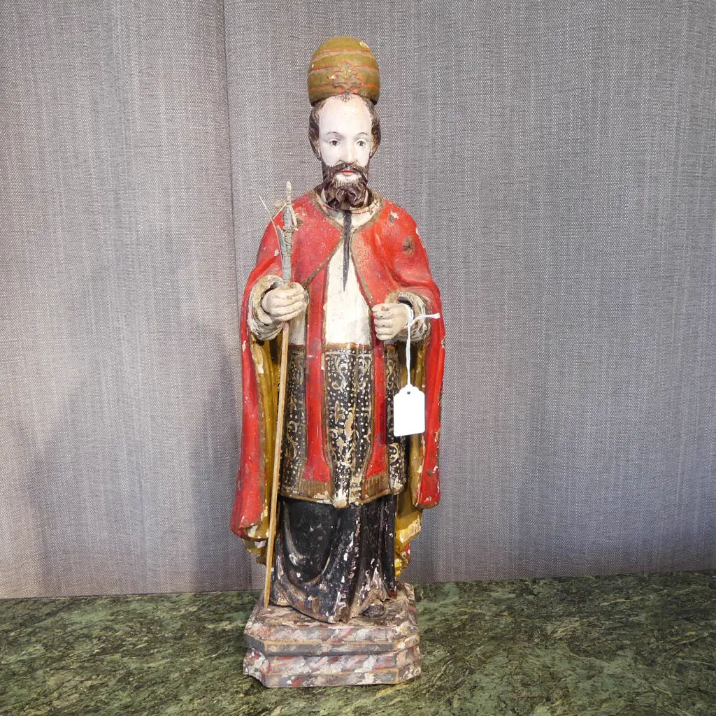 DISTRESSED VINTAGE PAINTED WOODEN RELIGIOUS STATUE DEPICTING EASTERN ORTHODOX FIGURE H.480mm Image 1++