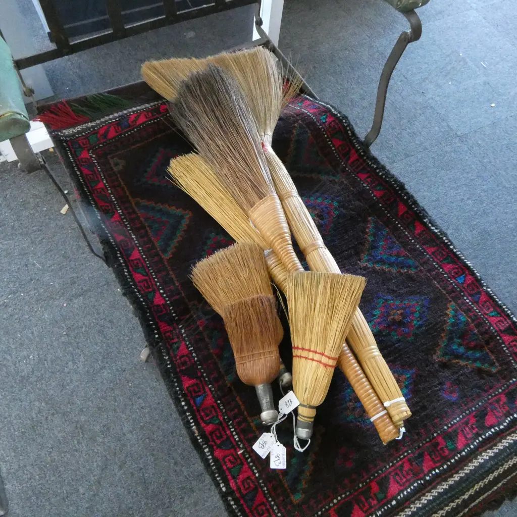 COLLECTION OF 3 WHISK BROOMS & 3 BRUSHES 880MM LONGEST Image 1++