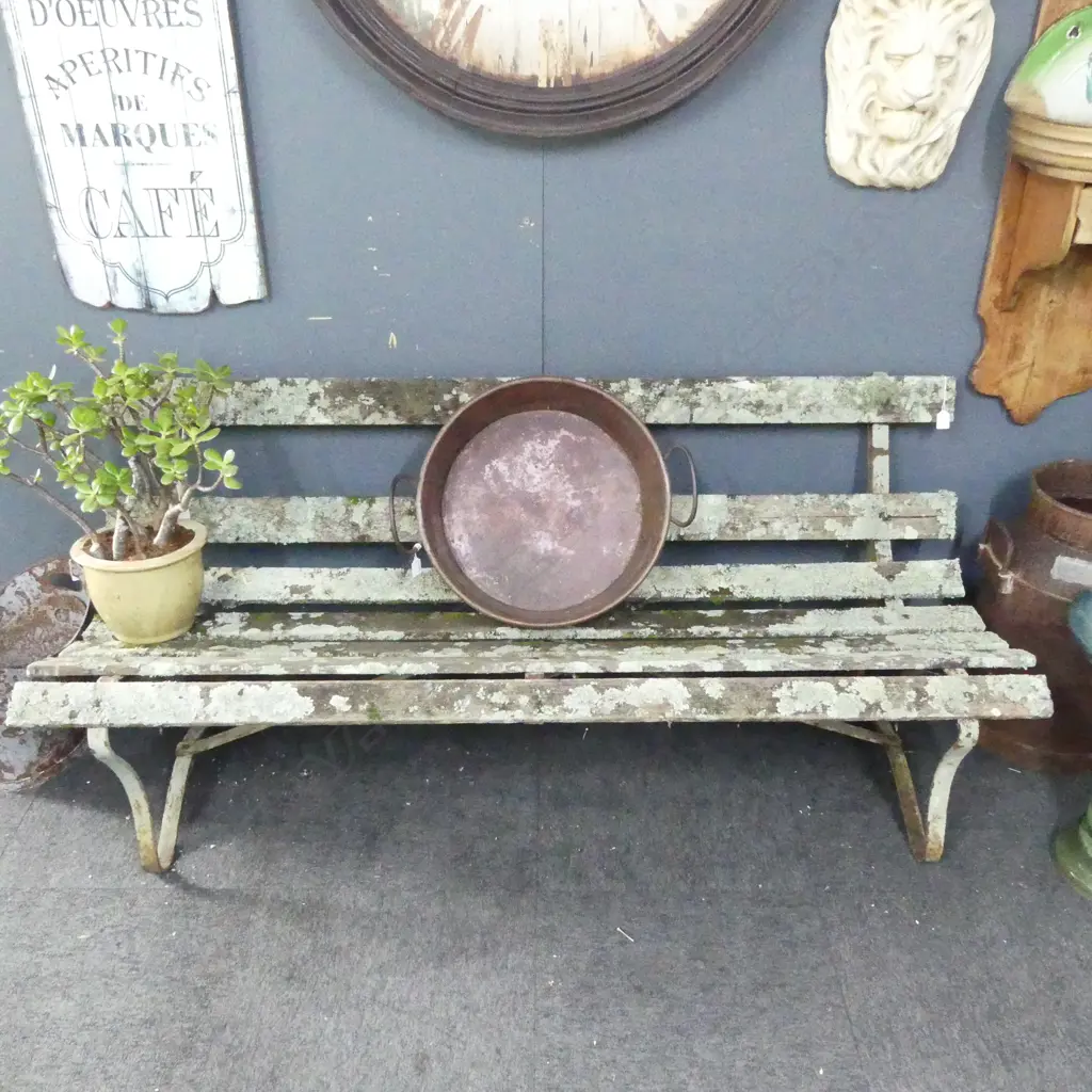 VINTAGE GARDEN BENCH w. LICHEN W.1700mm  Ex ‘THE CASTLE’ EPSOM Image 1++