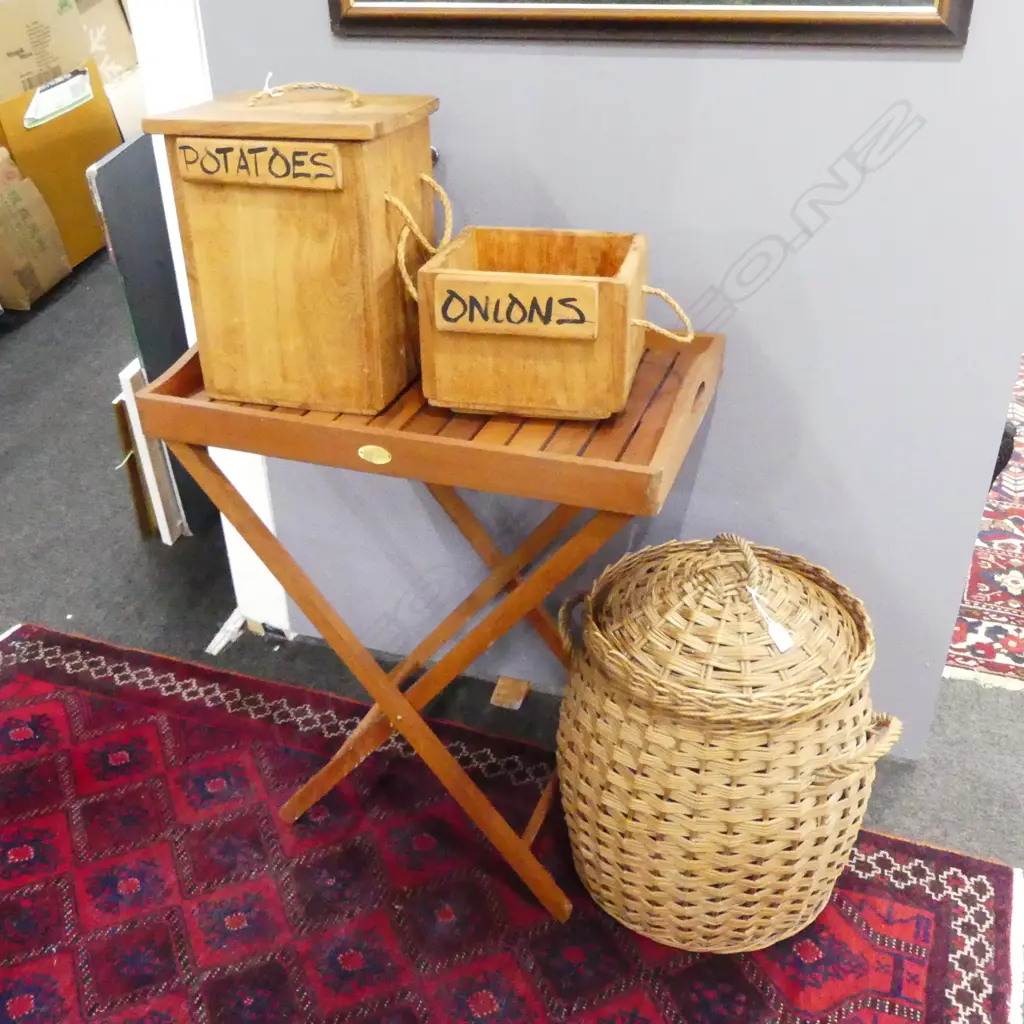 WOODEN FOLDING TRAY TABLE W.675mm + POTATOES & ONION CONTAINERS + LIDDED CANE BASKET H.600mm Image 1++