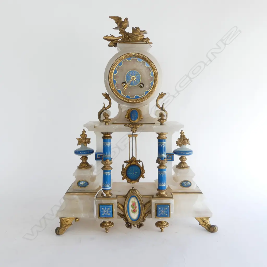 FRENCH ORMOLU ALABASTER & HAND PAINTED GILDED CLOCK H.480mm Image 1++