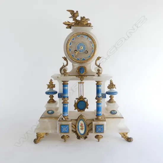 FRENCH ORMOLU ALABASTER & HAND PAINTED GILDED CLOCK H.480mm