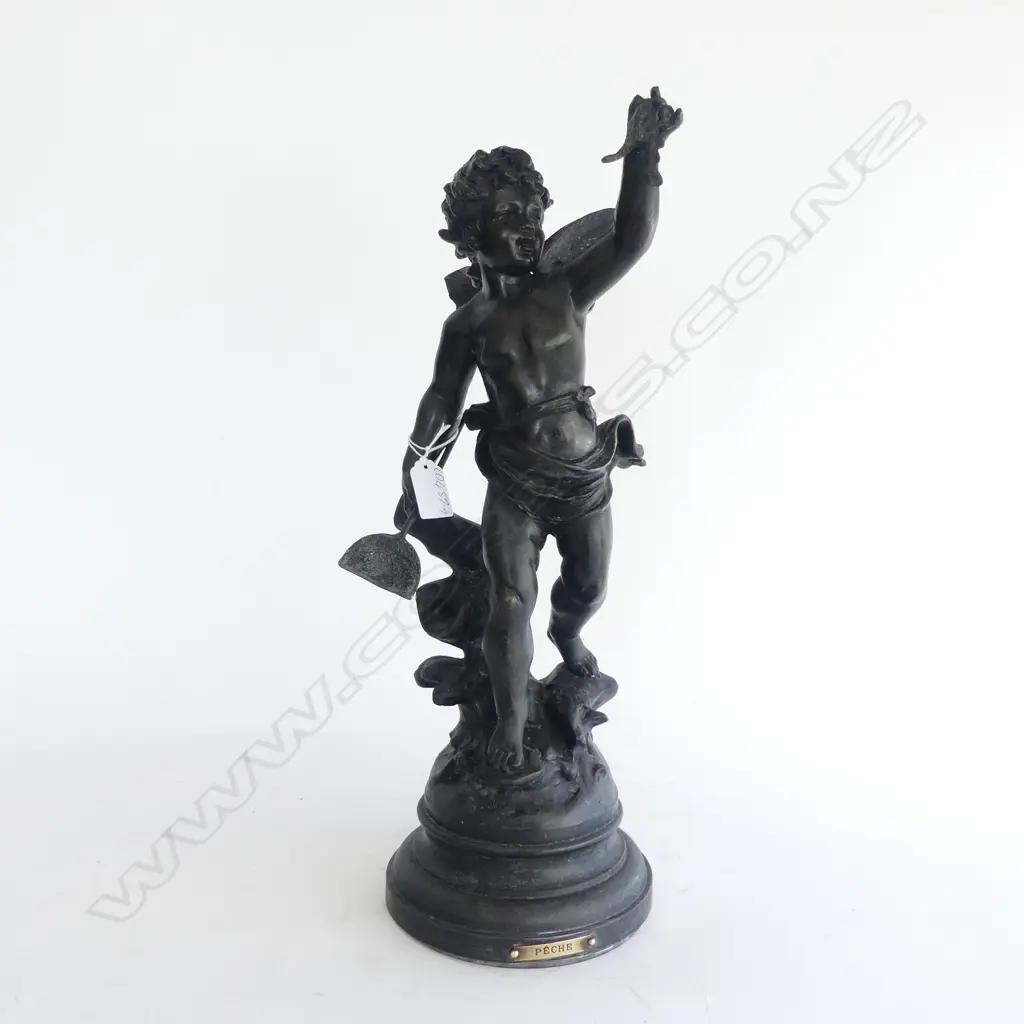 FREESTANDING VICTORIAN SPELTER PUTTEE FIGUREWITH PLAQUE 'PLECHE' ( FISHING) SIGNED 'CONSTANT'WITH FRENCH MANUFACTURED PL Image 1++