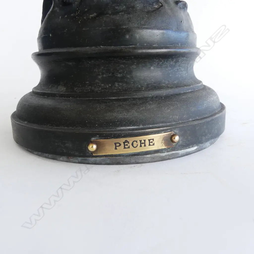 FREESTANDING VICTORIAN SPELTER PUTTEE FIGUREWITH PLAQUE 'PLECHE' ( FISHING) SIGNED 'CONSTANT'WITH FRENCH MANUFACTURED PL Image 1++