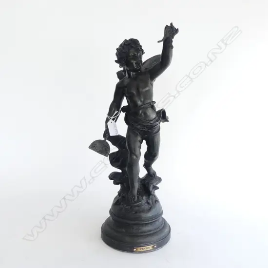 FREESTANDING VICTORIAN SPELTER PUTTEE FIGUREWITH PLAQUE 'PLECHE' ( FISHING) SIGNED 'CONSTANT'WITH FRENCH MANUFACTURED PL