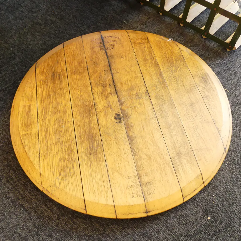 LARGE FRENCH OAK BARREL PLATTER ‘FRANCIOS FRERES’ ON LAZY SUSAN, D.590MM Image 1++