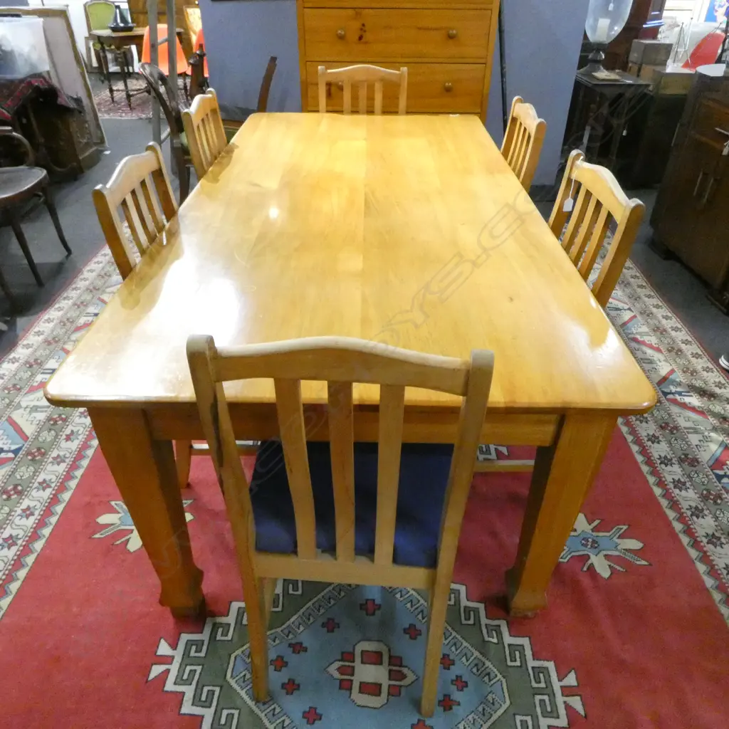 RIMU TABLE & 6 DINING CHAIRS (UPHOLSTERY MARKED)  2150x1060x760mm Image 1++