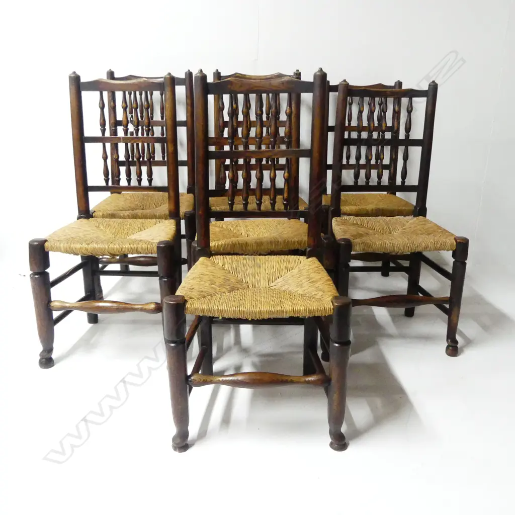 7 SPINDLE BACK CHAIRS, RUSH SEATS Image 1++