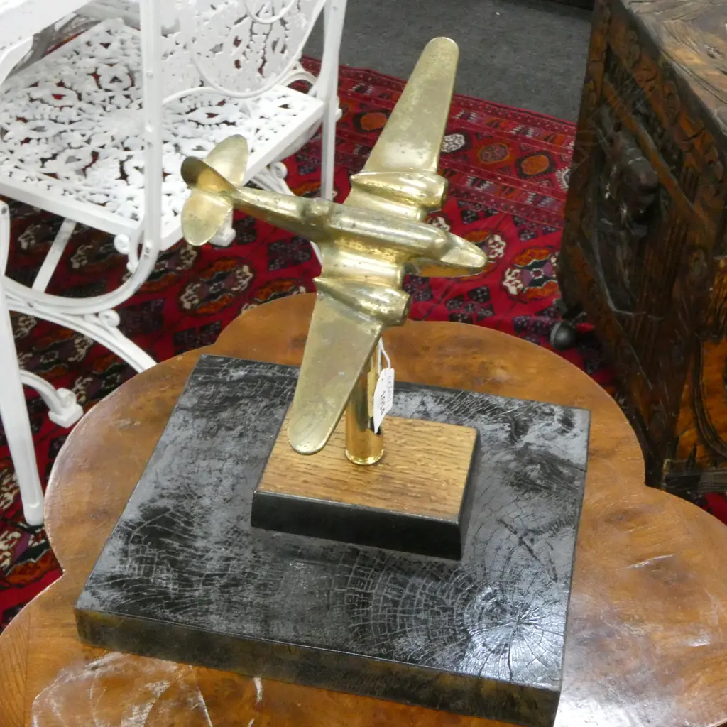 BRONZE AEROPLANE ON EBONISED WOODEN STAND H.270mm Image 1++