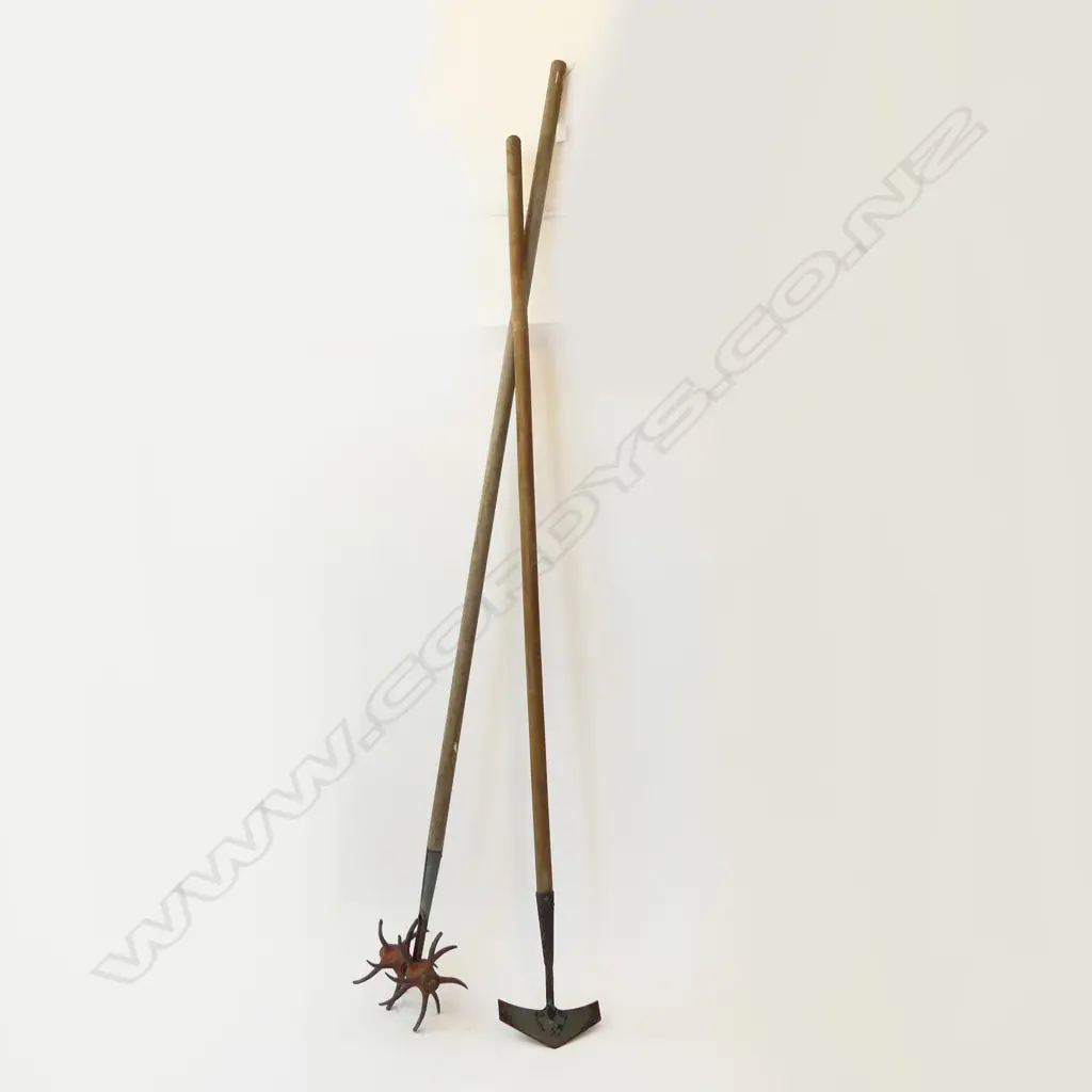 2 LONG HANDLED GARDEN TOOLS; HOE & DOUBLE TILLER CULTIVATOR L.1650mm Image 1++
