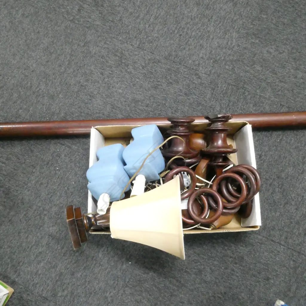 ASST. LAMPS + MAHOGANY CURTAIN ROD w. TURNED ENDS & HOOPS Image 1++