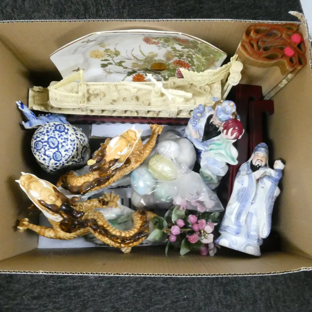 ASST. CHINESE CHINA FIGURES/ORNAMENTS, PLASTIC DRAGON BOAT, HARDSTONE EGGS etc Image 1++