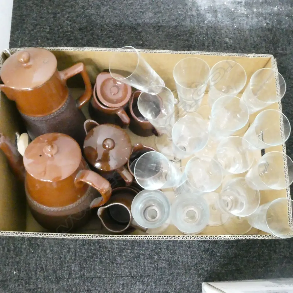BROWN CERAMIC JUGS, CHAMPAGNE FLUTES Image 1++