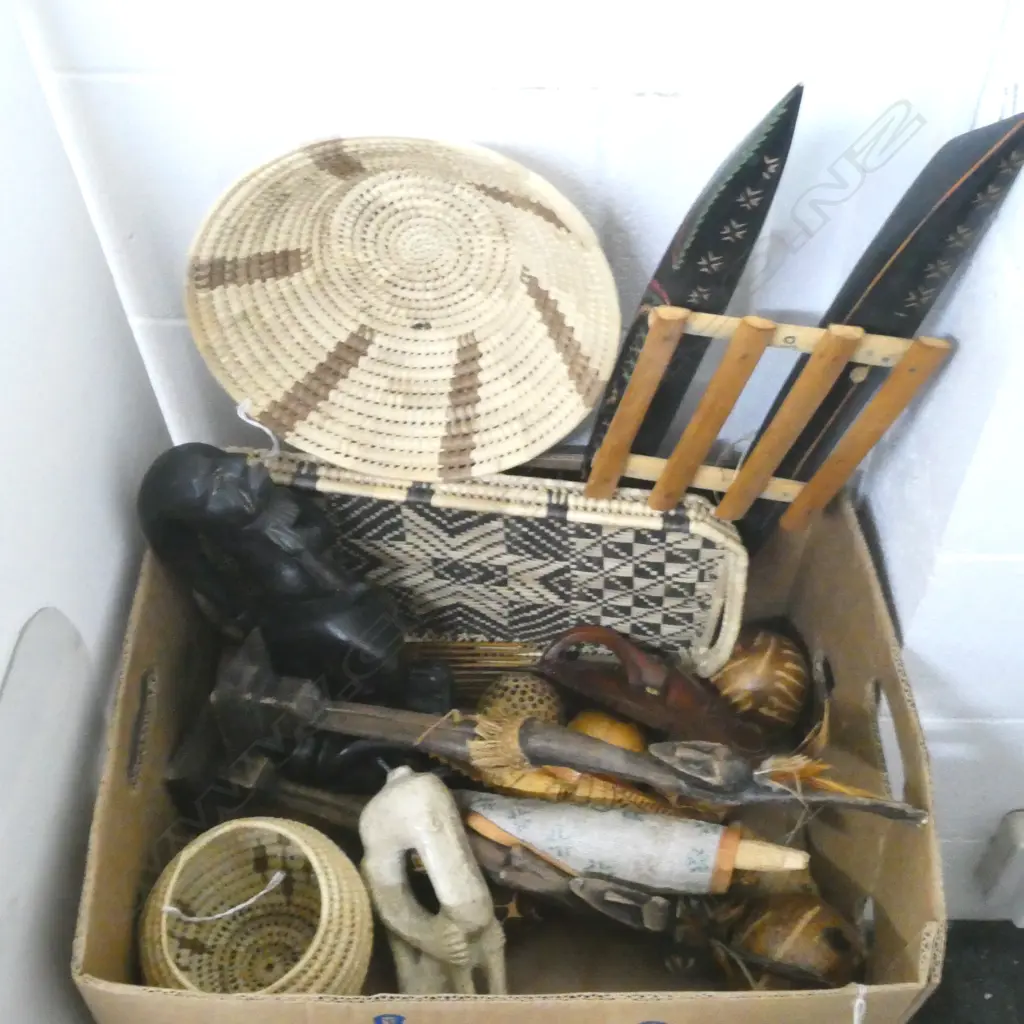COLLECTION OF TRIBAL PIECES, MASK,SCULPTURE,COMBS,BASKETS,MODEL CANOE Image 1++