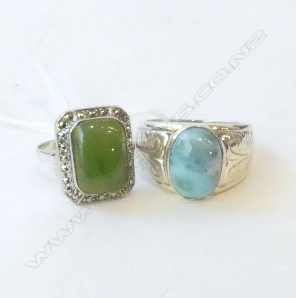 2 STG RINGS; GREENSTONE & MARCASITE size S / TURQUOISE ? SIZE U Image 1++