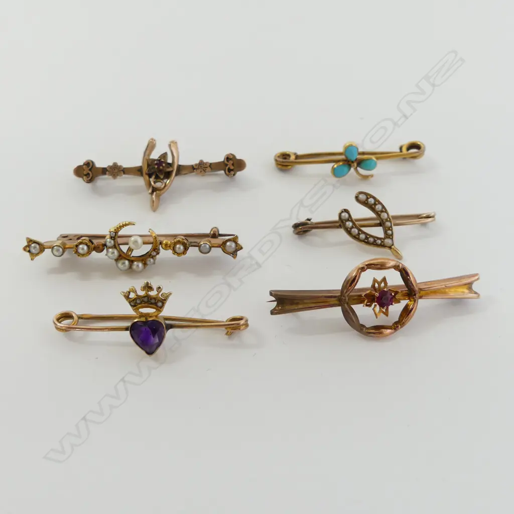 SIX EDWARDIAN 9CT GOLD PEARL & GEM SET SMALL BAR BROOCHES 11gm Image 1++