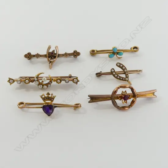 SIX EDWARDIAN 9CT GOLD PEARL & GEM SET SMALL BAR BROOCHES 11gm