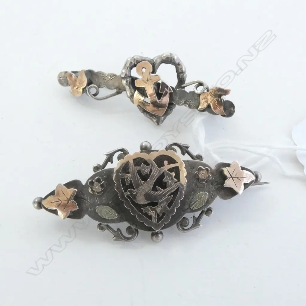 TWO SILVER VICTORIAN SWEETHEART BROOCHES (2 w gold detail) Image 1++