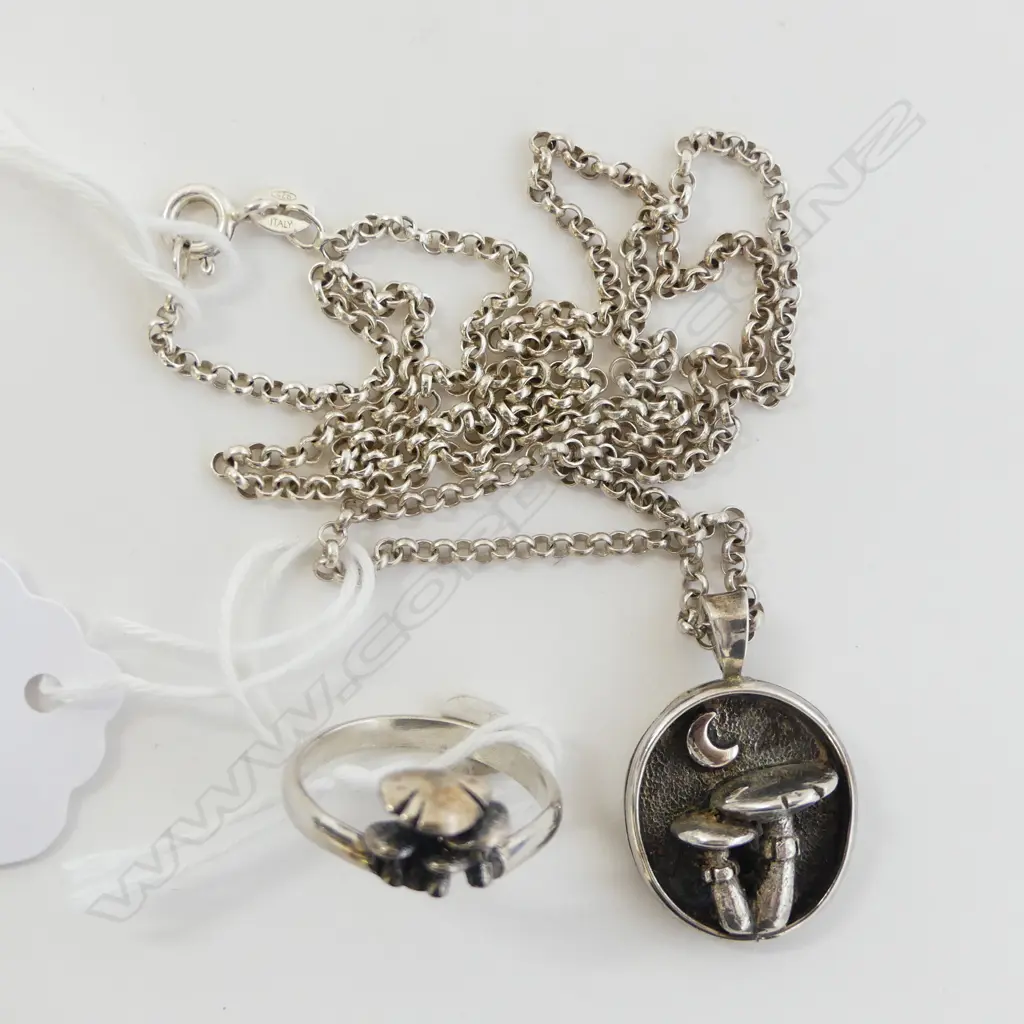 SILVER MUSHROOM PENDANT on CHAIN w MATCHING SILVER RING L.52cm Image 1++