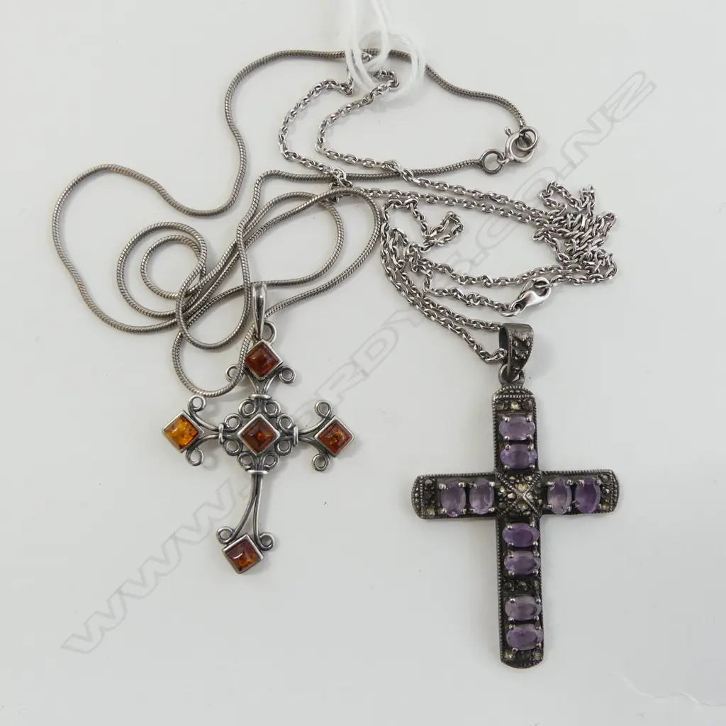 2 S/SILVER CRUCIFIX  ONE WITH AMETHYST STONES THE OTHER WITH AMBER ON SILVER CHAINS  Image 1++
