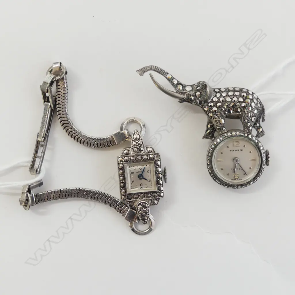 SILVER AND MARCASITE ELEPHANT WATCH BROOCH (IN WORKING ORDER) & MARCASITE WRISTWATCH Image 1++