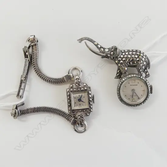 SILVER AND MARCASITE ELEPHANT WATCH BROOCH (IN WORKING ORDER) & MARCASITE WRISTWATCH