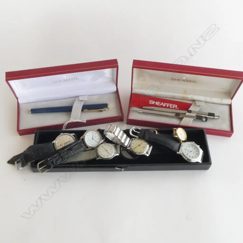 7 WRIST WATCHES + 3 SHEAFFER PENS IN 2 CASES Image 1++