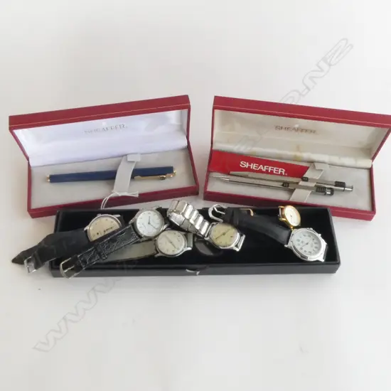 7 WRIST WATCHES + 3 SHEAFFER PENS IN 2 CASES