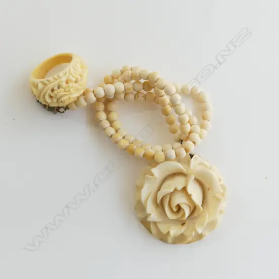 OLD IVORY SMALL BEAD NECKLACE W CARVED ROSE PENDANT + FINE CARVED IVORY DRAGON RING