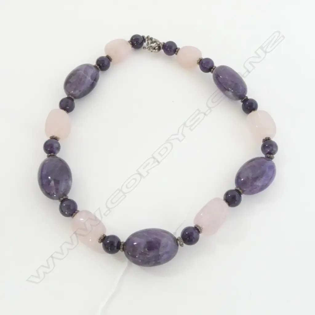 ROSE QUARTZ & AMETHYST BEAD NECKLACE 230mm Image 1++