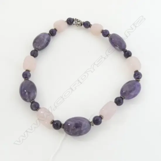 ROSE QUARTZ & AMETHYST BEAD NECKLACE 230mm