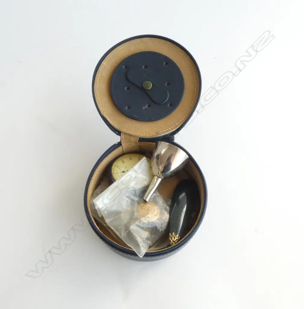 SMALL CONTAINER WITH POCKET WATCH DECANTER FUNNEL MILITARY BUTTONS ETC Image 1++