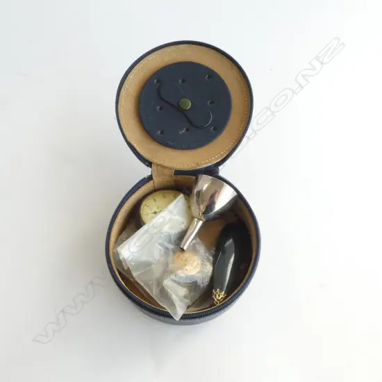 SMALL CONTAINER WITH POCKET WATCH DECANTER FUNNEL MILITARY BUTTONS ETC