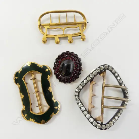 3 ANTIQUE BELT BUCKLES & RED STONE BROOCH