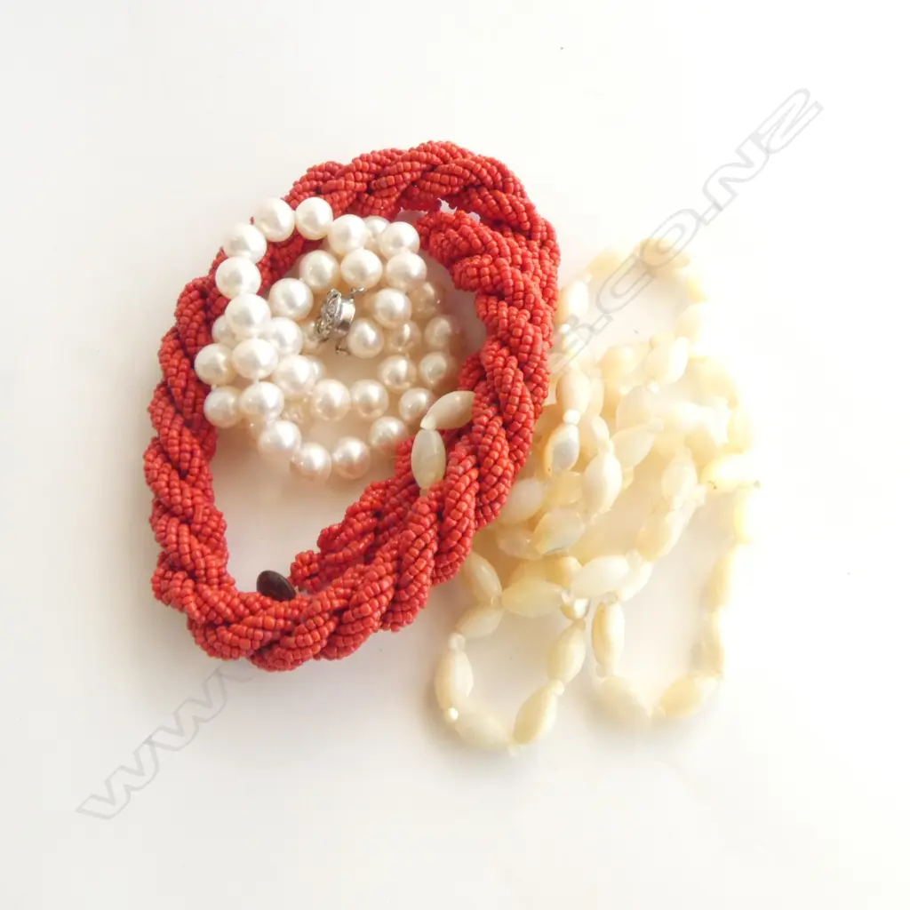 3 NECKLACES, PEARL, MoP, RED BEADS Image 1++