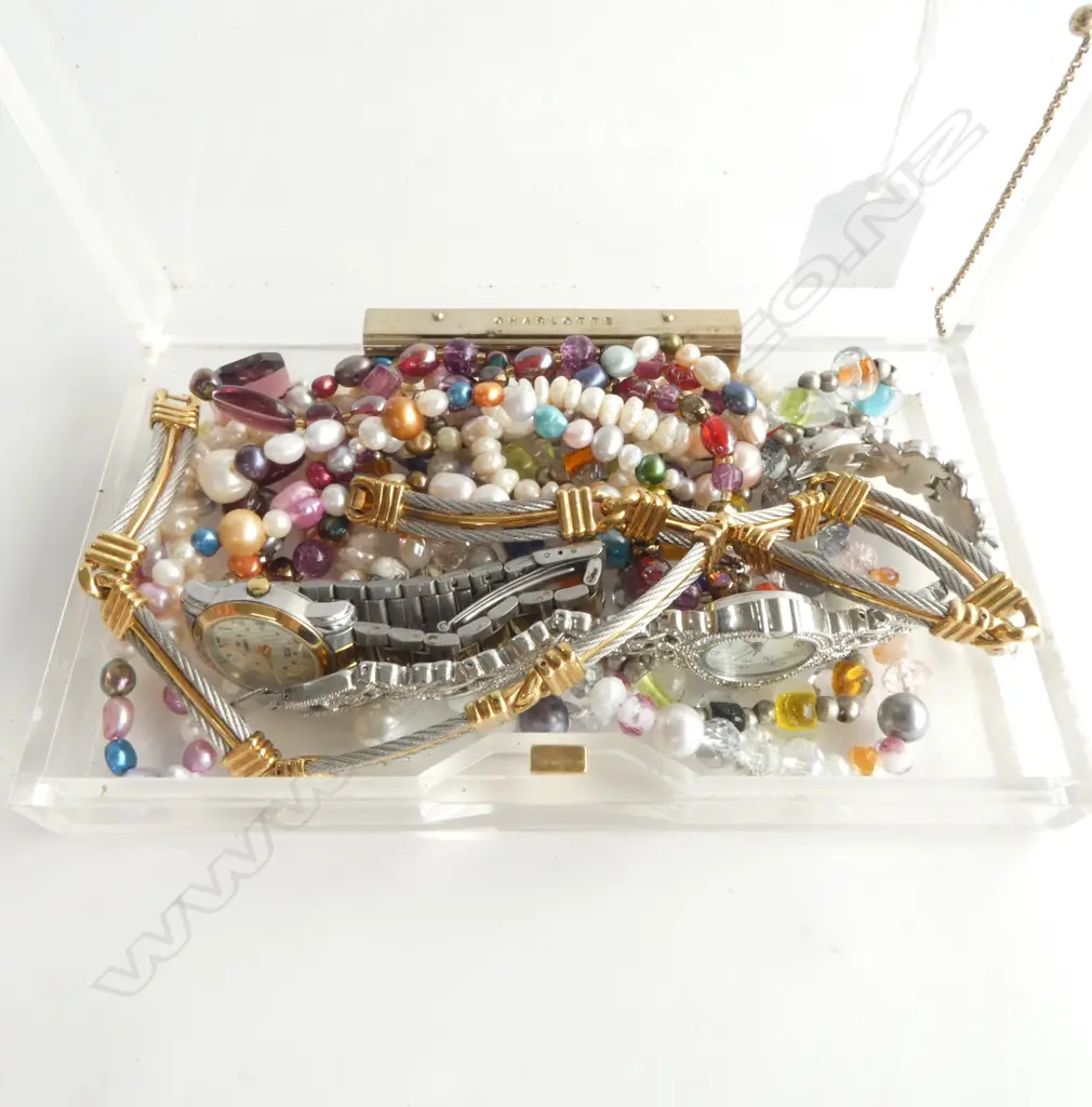 5 NECKLACES, COSTUME BRACELET & 2 WRISTWATCHES (1 TIMEX) Image 1++