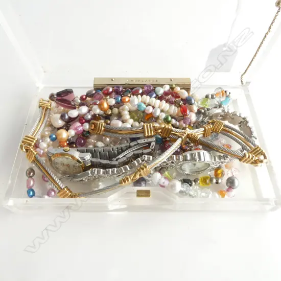 5 NECKLACES, COSTUME BRACELET & 2 WRISTWATCHES (1 TIMEX)