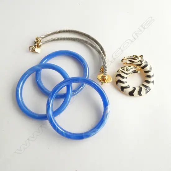 COSTUME JEWELLERY; ANNE KLEIN NECKLACE, KENNETH LANE ZEBRA BROOCH, 3 BLUE GLASS BANGLES 60mm int. dia