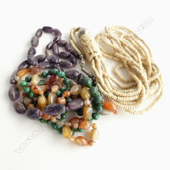 4 NECKLACES; AMETHYST, MALACITE & AGATE, ETC.
