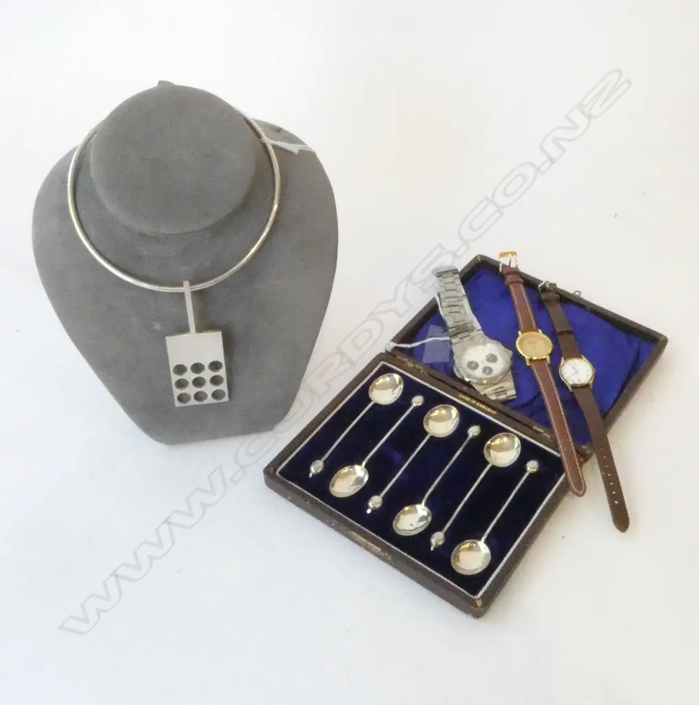 6 STG SILVER COFFEE SPOONS, 31 grams CASED + 925 DENMARK NECKLACE 73grms + 3 WRIST WATCHES Image 1++