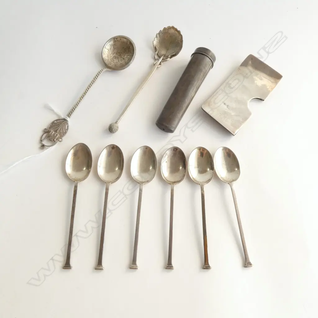 ASST. STG SILVER; 8 SPOONS, CIGAR HOLDER 18ct RIM & S/S CASE, CARD CASE 142grms Image 1++