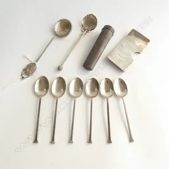 ASST. STG SILVER; 8 SPOONS, CIGAR HOLDER 18ct RIM & S/S CASE, CARD CASE 142grms