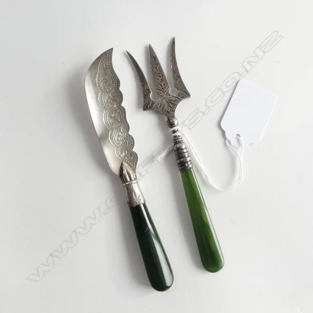 STG SILVER & GREENSTONE BUTTER KNIFE & PICKLE FORK L.130mm Image 1++
