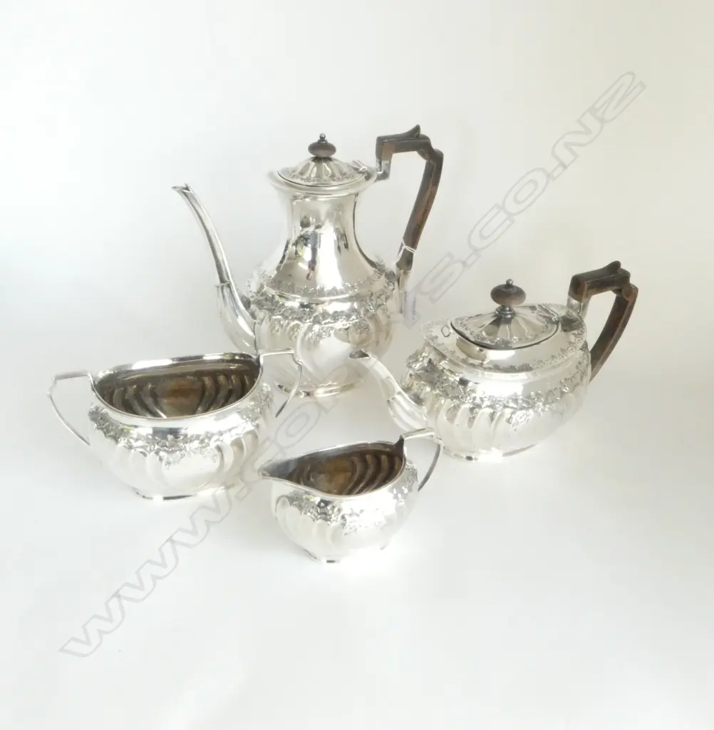 5 PCE STG SILVER TEA & COFFEE SERVICE: COFFEE POT + TEA POT + SUGAR & CREAM, Sheffield 1894, 1717gms Image 1++