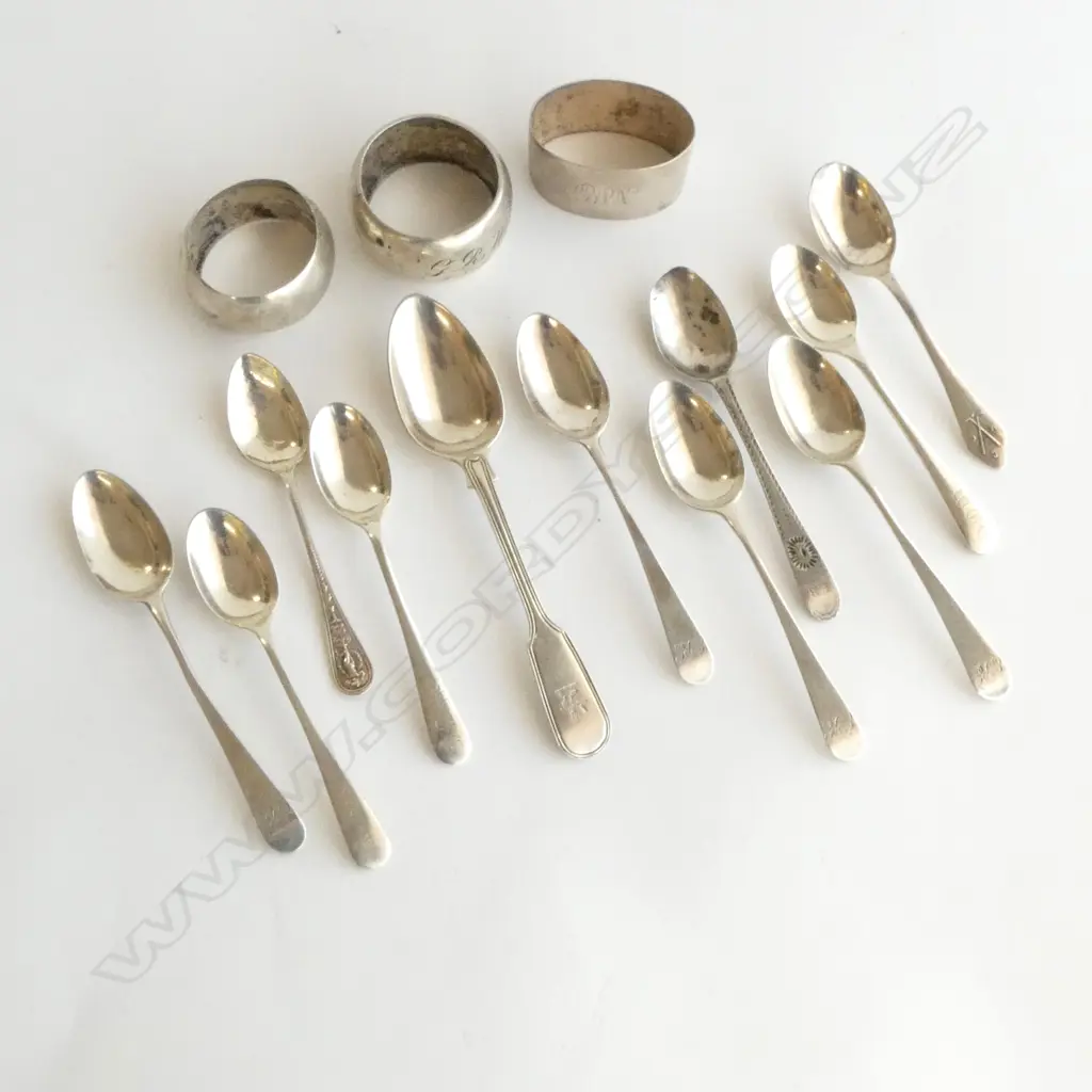 11 STG SILVER TEASPOONS + 3 NAPKIN RINGS, 217grms Image 1++
