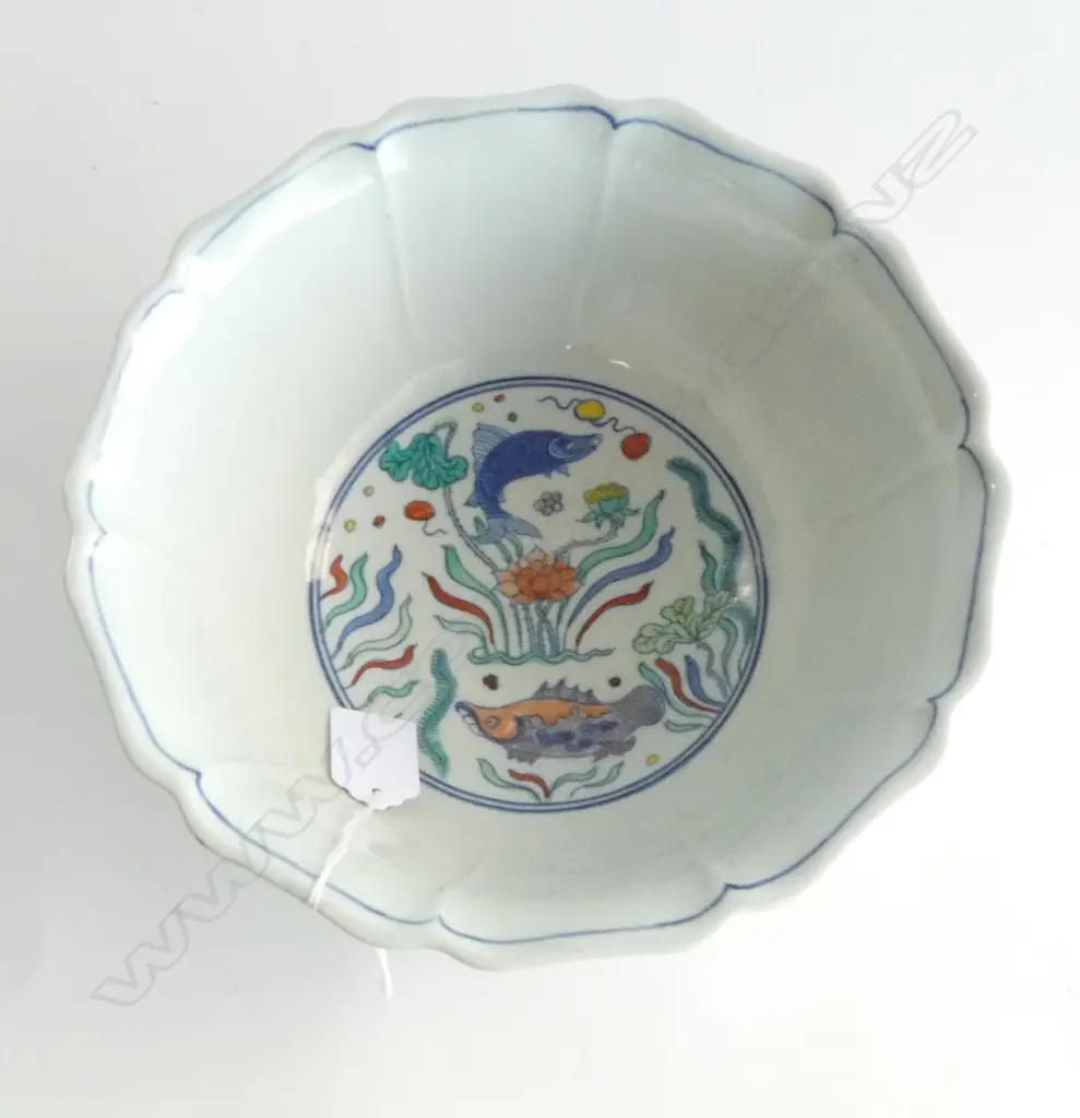 Mark Fish Algae Pattern Doucai Kuikou bowl with Ming Dynasty Xuande Period Mark but later Dia.225mm Image 1++