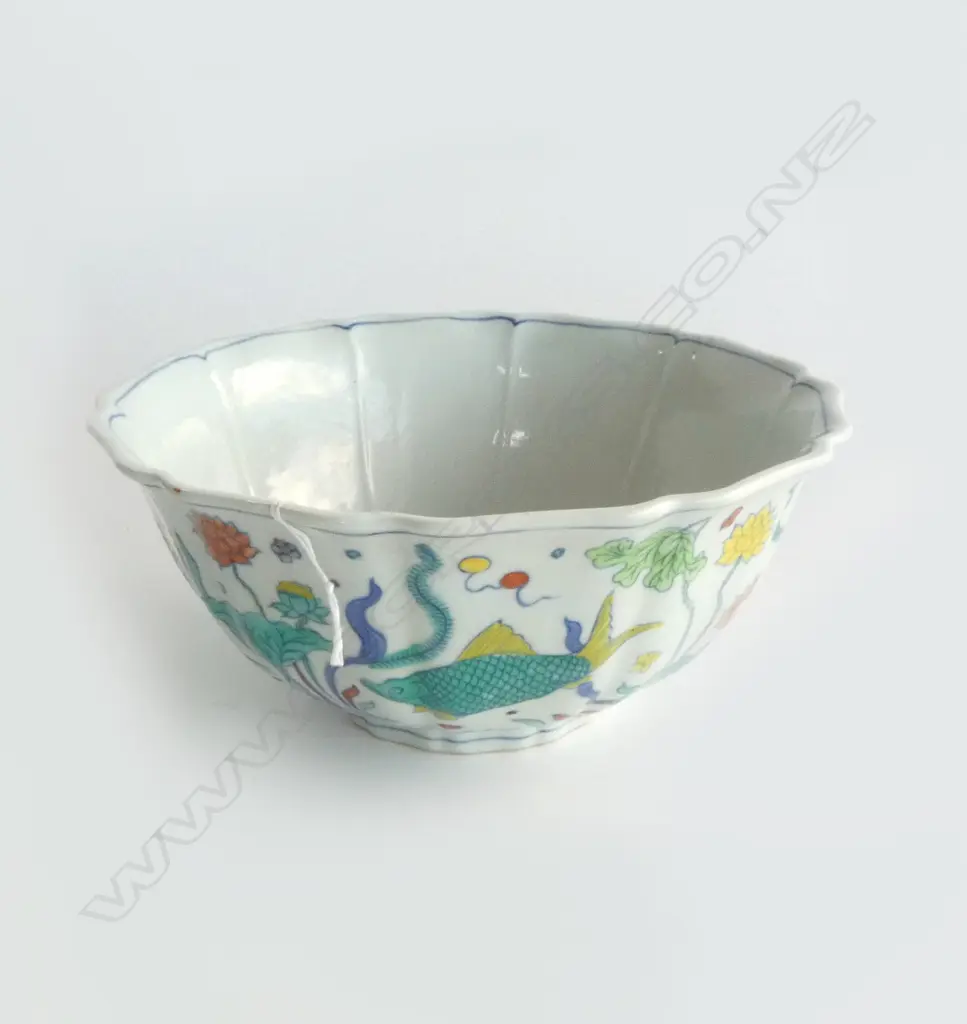 Mark Fish Algae Pattern Doucai Kuikou bowl with Ming Dynasty Xuande Period Mark but later Dia.225mm Image 1++