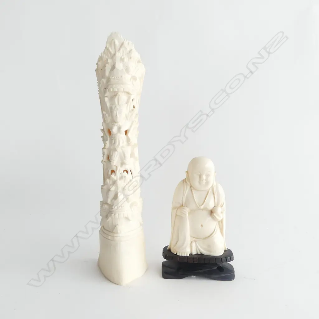 CARVED IVORY BUDDHA w. INDONESIAN BONE CARVING H.220mm Image 1++