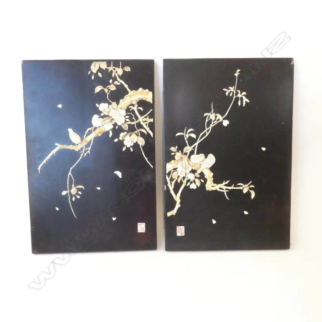 TWO c.1900 QUALITY JAPANESE PANELS, LACQUERED WOOD WITH APPLIED BONE IVORY & MOP BIRDS AMONGST FOLIAGE, 450 x 300mm  Image 1++