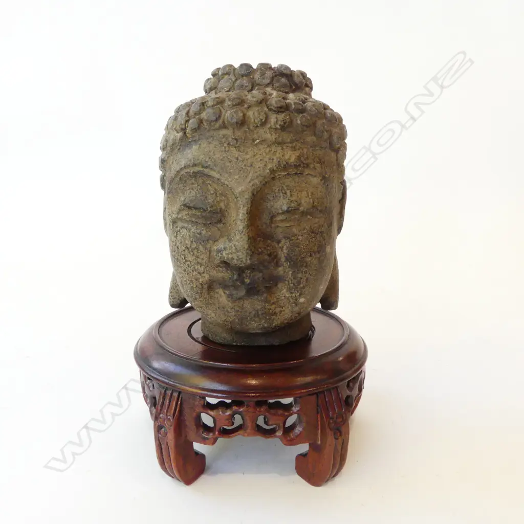 SOLID METAL BUDDHA HEAD H.135mm ON WOODEN STAND Image 1++
